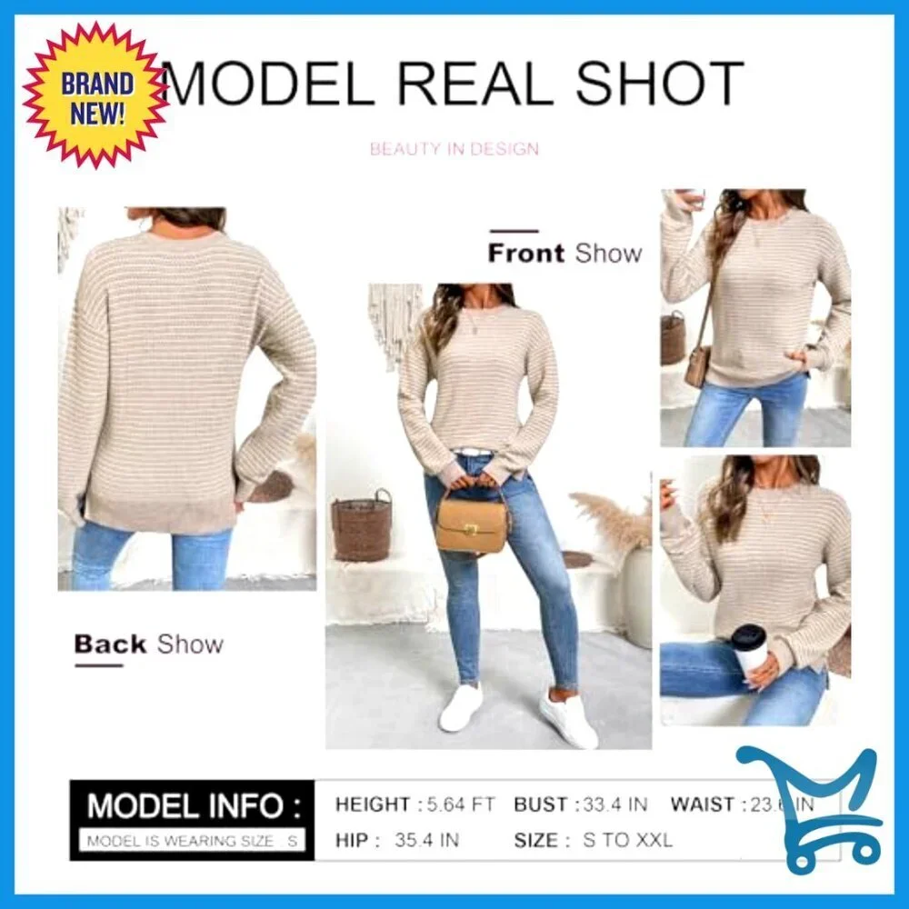 Long Sleeve Crewneck Striped Pullover Sweater Side Split Y2K Chic Casual